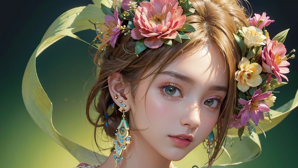 32K, 最高quality, 最高masterpiece, (ultra-Detailed Background, Detailed Background), High resolution, Super detailed, Very detailedな, One girl, (bouquet:1.3), (Tangled:1.2), (Geometric:1.2),(colorful),(masterpiece, quality, best quality, Official Art, Beautiful and beautiful:1.2), (1 girl:1.3), Very detailed,(colorful:1.1)(Flowers:1.3),Most detailed,(Tangled:1.2), whole body, (Abstract background:1.3), (Skin glows), (Many colors:1.4), ,(Earrings Jewelry:1.5), Light green background,
