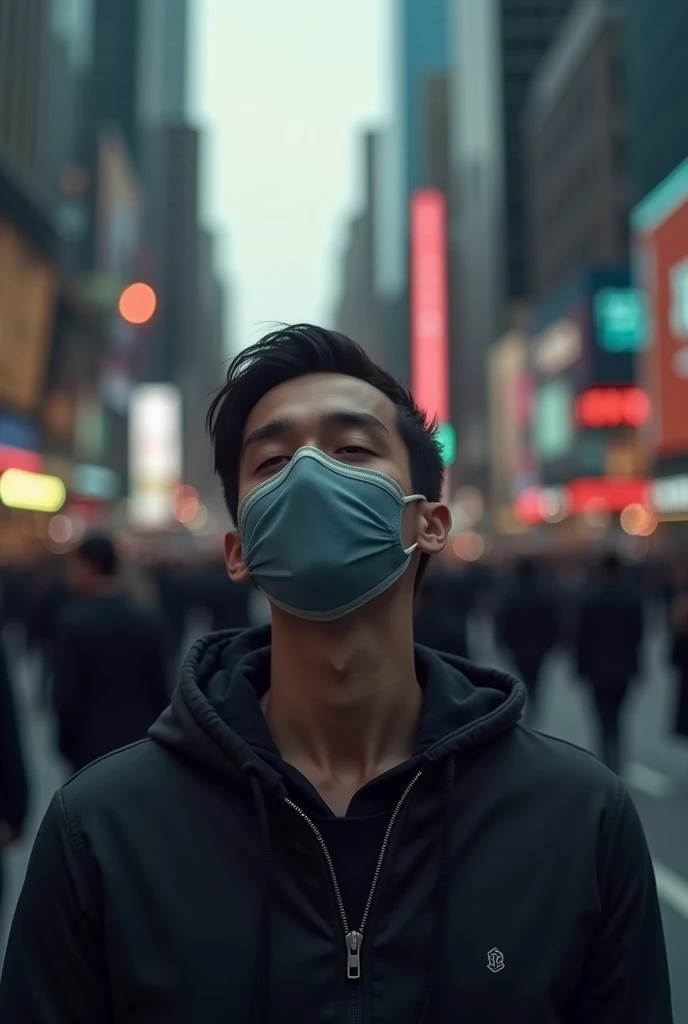 A portrait of a man wearing a face mask with his eyes closed in a crowded place in a big city