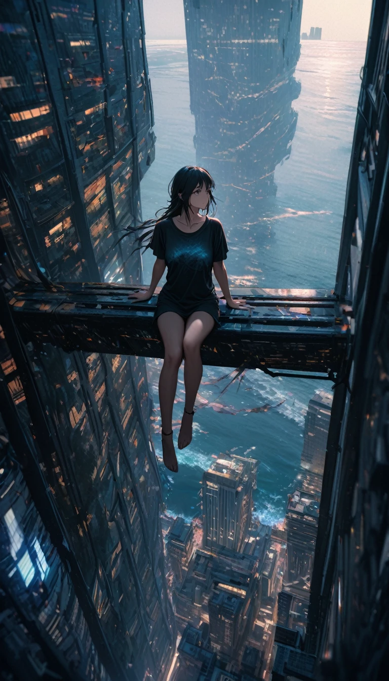 High resolution, Highest quality, high resolution, Super Fine, 16K, Incredibly absurd, Very detailed, Beautiful woman sitting on a trapeze suspended between two skyscrapers, Gazing into the distance, Wear a loose long T-shirt, Captivating look, Wind, Wind-effect, moonlit ocean, (Nice views:1.1) , Clockpunk