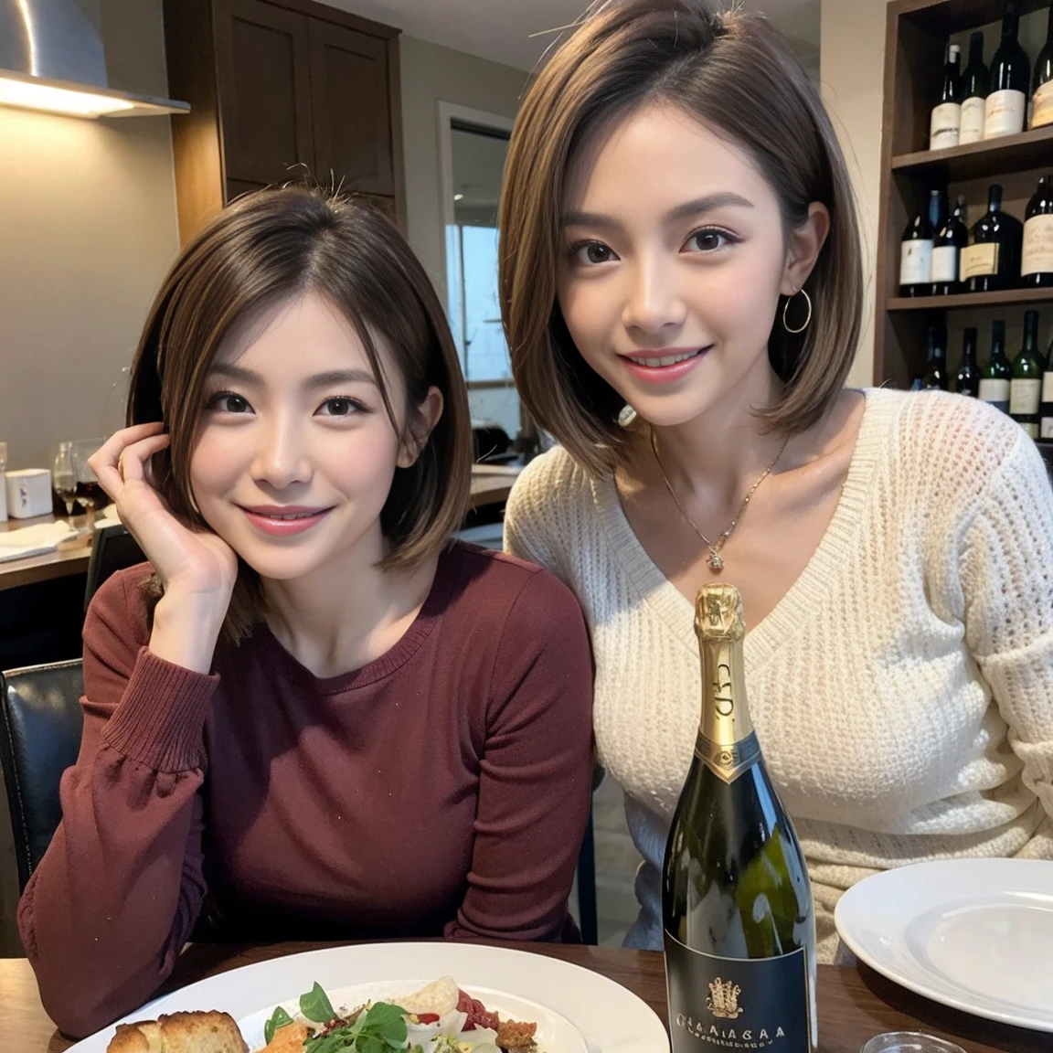 (Realistic:1.1),(masterpiece,Highest quality),8k,(49 years old), 53 years old, ベリーslimボディ、slimカップル、Tight waist,Upper Body,full-course dinner、wine 、Amazing view of the sunset sky and clouds、Perfect Anatomy, Brown Hair, short hair,Random Hairstyles,((Highly detailed face and eyes:1.2)),Perfect golden ratio face,Long sleeve shirt、dress,(smile:1.2)、Shortcuts、cute、(Realistic, Intricate details:1.2), A bright smile、short hair,Bright Face、赤wine 、Appetizers、Italian food、wine bottle、Champagne、スパークリングwine、(slimな顔), (The body is slim), (Brown Hair), (Shortcuts), Upper Body, 白wine, slim, wineグラス,