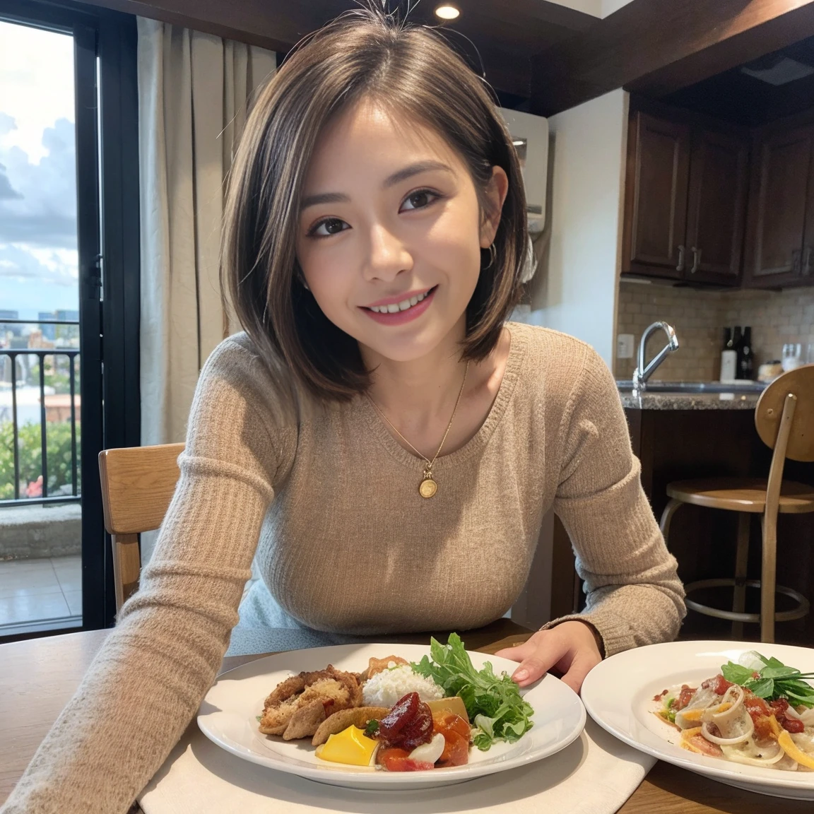(Realistic:1.1),(masterpiece,Highest quality),8k,(49 years old), 53 years old, ベリーslimボディ、slimカップル、Tight waist,Upper Body,full-course dinner、wine 、Amazing view of the sunset sky and clouds、Perfect Anatomy, Brown Hair, short hair,Random Hairstyles,((Highly detailed face and eyes:1.2)),Perfect golden ratio face,Long sleeve shirt、dress,(smile:1.2)、Shortcuts、cute、(Realistic, Intricate details:1.2), A bright smile、short hair,Bright Face、赤wine 、Appetizers、Italian food、wine bottle、Champagne、スパークリングwine、(slimな顔), (The body is slim), (Brown Hair), (Shortcuts), Upper Body, 白wine, slim, wineグラス,