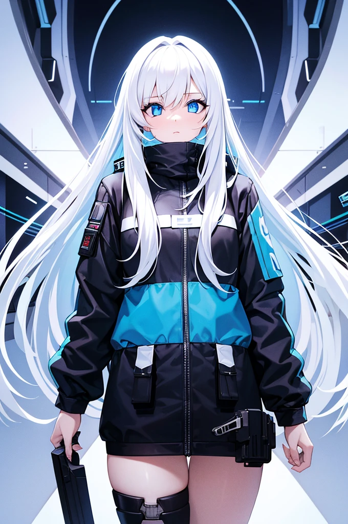 girl with white long hair and blue eyes, cyberpunk outfit, Staring upwards, white background, 8k resolution, high quality,  