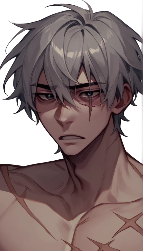 1boy, hair short white, sketchy lines, black pupils, unique expression. Scars on the eyes, somewhat toned body