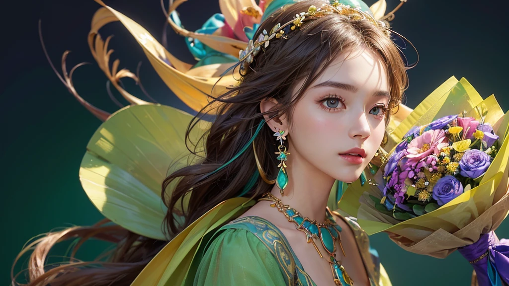 32K, 最高quality, 最高masterpiece, (ultra-Detailed Background, Detailed Background), High resolution, Super detailed, Very detailedな, One girl, (bouquet:1.3), (Tangled:1.2), (Geometric:1.2),(colorful),(masterpiece, quality, best quality, Official Art, Beautiful and beautiful:1.2), (1 girl:1.3), Very detailed,(colorful:1.1)(Flowers:1.3),Most detailed,(Tangled:1.2), whole body, (Abstract background:1.3), (Skin glows), (Many colors:1.4), ,(Earrings Jewelry:1.5), Light green background,