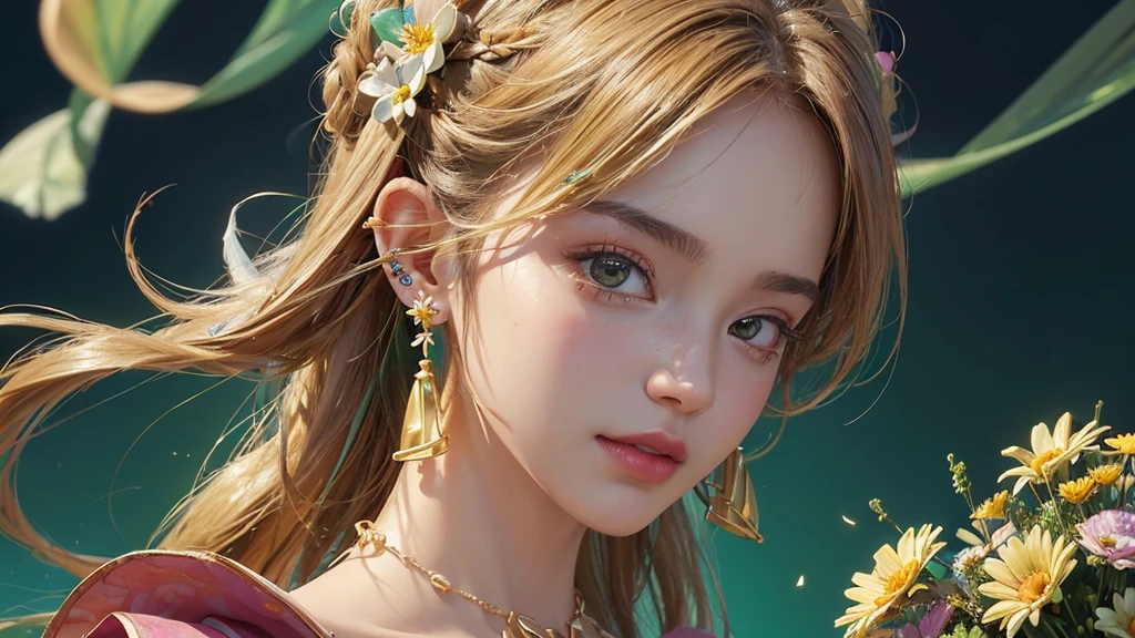 32K, 最高quality, 最高masterpiece, (ultra-Detailed Background, Detailed Background), High resolution, Super detailed, Very detailedな, One girl, (bouquet:1.3), (Tangled:1.2), (Geometric:1.2),(colorful),(masterpiece, quality, best quality, Official Art, Beautiful and beautiful:1.2), (1 girl:1.3), Very detailed,(colorful:1.1)(Flowers:1.3),Most detailed,(Tangled:1.2), whole body, (Abstract background:1.3), (Skin glows), (Many colors:1.4), ,(Earrings Jewelry:1.5), Light green background,