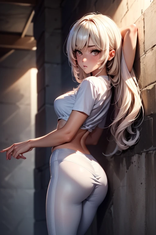 an anime young woman,bending over, wet white shirt,long hair, ponytail, white panties