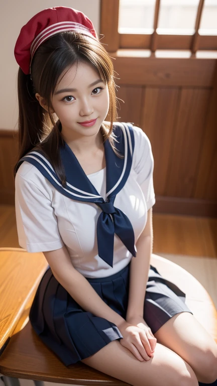 (A gorgeous Japanese idol, age 22 , sitting on the desk in class, wearing seifuku, school uniform, sailor moon, jk uniform, high-school uniform, red ribbon, sailor hat, knee high socks,
Easygoing expressions, kind smile, dimpled chins, cute snaggle-tooth, short bob hair ponytail, symmetrical face, realistic detailed face, beautiful detailed eyes, perfect body proportions, hourglass figure, ample round bosoms, medium breasts,
Raw photo, photorealistic, realistic portrait, hyper-realism, high contrast, ultra HD, realistic skin textures, top image quality, top-quality, super high resolution, fine details, very meticulously, masterpiece, medium shot, close-up shot, cowboy shot, High Angle Shot, bokeh background, SFW, Safe For Work)