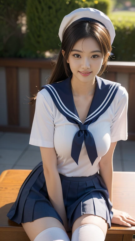 (A gorgeous Japanese idol, age 22 , sitting on the desk in class, wearing seifuku, school uniform, sailor moon, jk uniform, high-school uniform, red ribbon, sailor hat, knee high socks, 

Easygoing expressions, kind smile, dimpled chins, cute snaggle-tooth, short bob hair ponytail, symmetrical face, realistic detailed face, beautiful detailed eyes, perfect body proportions, hourglass figure, ample round bosoms, medium breasts,

Raw photo, photorealistic, realistic portrait, hyper-realism, high contrast, ultra HD, realistic skin textures, top image quality, top-quality, super high resolution, fine details, very meticulously, masterpiece, medium shot,  close-up shot, cowboy shot, High Angle Shot, bokeh background, SFW, Safe For Work)