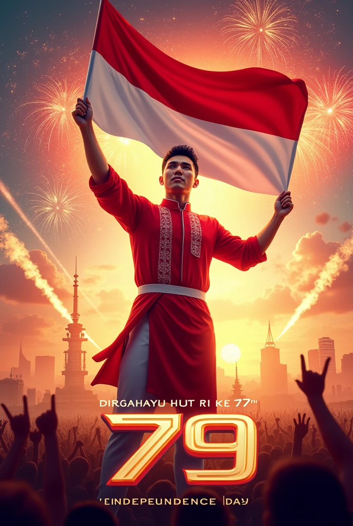 "Create a vibrant and dynamic poster featuring a proud, Indonesian man celebrating the 79th Indonesian Independence Day (DIRGAHAYU HUT RI KE 79). The man is standing confidently, holding a large Indonesian flag in one hand, waving it with energy. He is wearing a traditional red and white outfit that symbolizes Indonesia’s national colors. The background is filled with fireworks, the iconic Monas (National Monument) of Jakarta, and cheering crowds, all bathed in the warm glow of a sunset. The number '79' is prominently displayed in bold, futuristic text with 'DIRGAHAYU HUT RI KE 79' written underneath in an elegant, modern font."