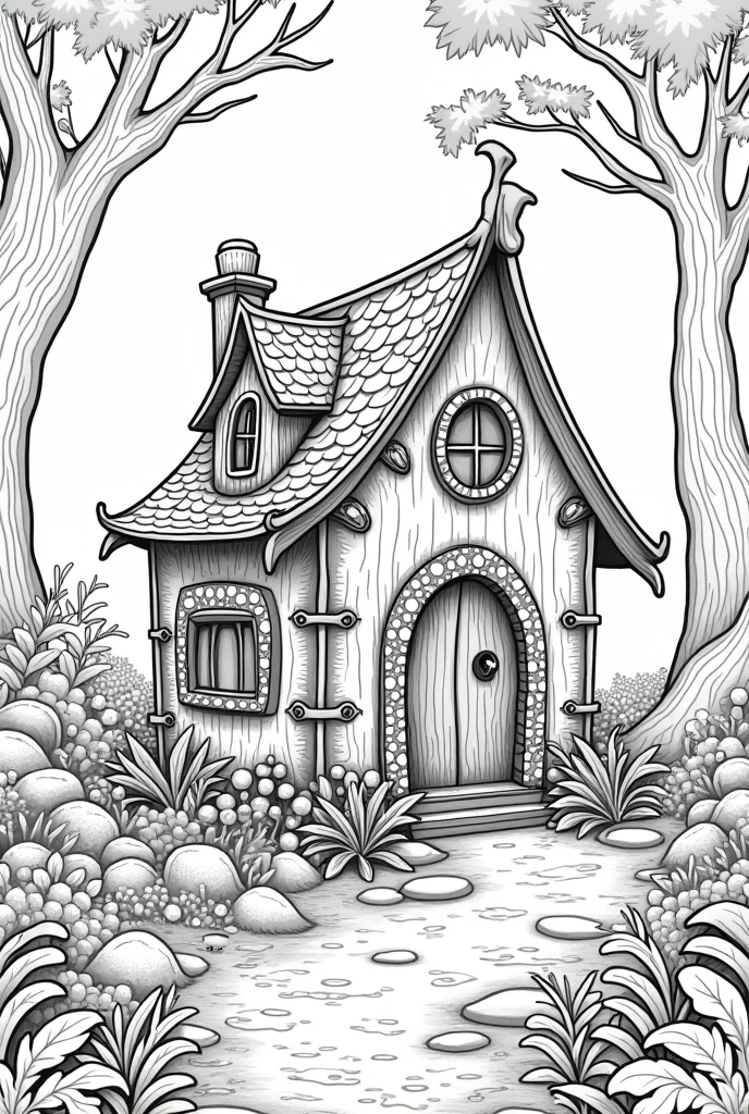 Fairy house coloring book pages nature background black and white high details illustration