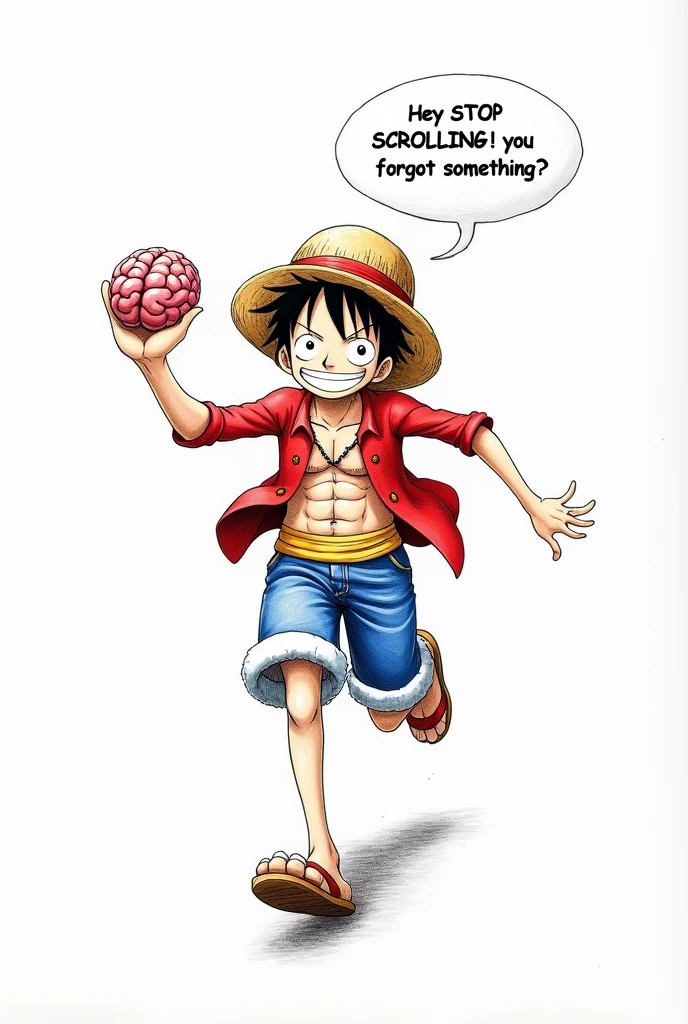 A quirky and charming pencil line drawing of full canvas size Luffy from One Piece anime in his usual red blue attire and strawhat, Luffy is running towards the viewer, holding a brain in one hand and waving with the other. There's a speech bubble above his head that reads, "Hey STOP SCROLLING! you forgot something?" The background is a clean, white canvas that highlights the simplicity of the drawing and the playful nature of the scene, illustration