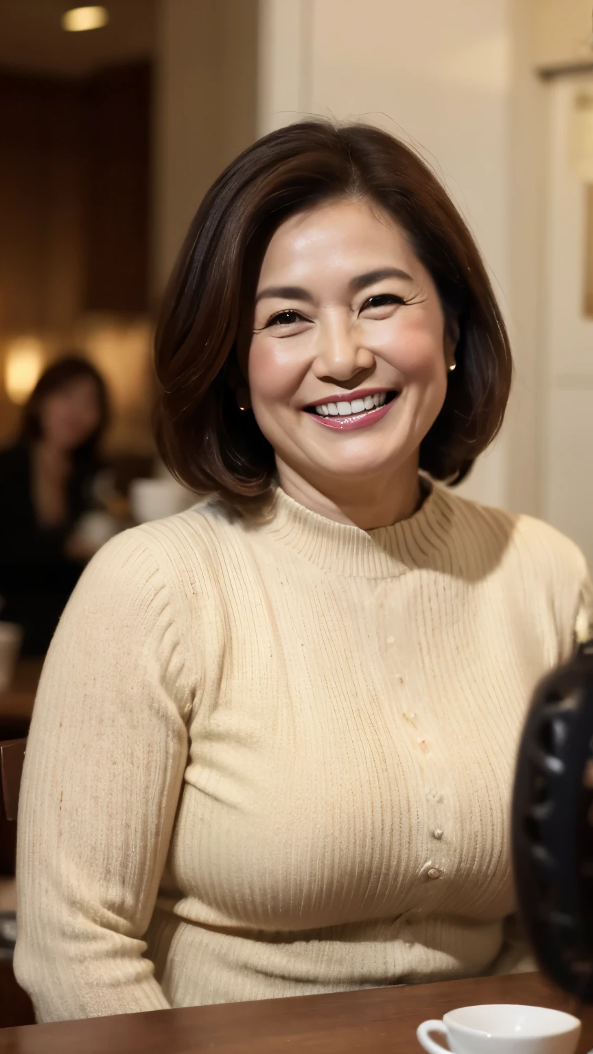 8k wallpaper, masterpiece, Highest quality, Very detailed, One Mature Woman, 50 years old, Become very clear, Wearing a short-sleeved knit, Skin dents, Captivating smile, Looking at the audience, No lapel microphone, Plump, Curvaceous, Attractive face, Smiling with teeth showing, I was happy, sitting in a cafe, Background Blur