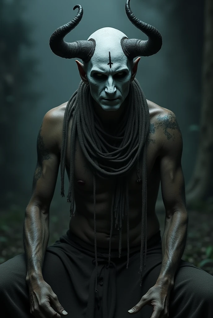 Tantrik doing black magic no horns aghori type mess dress and face white rakh no horns and only forehead with rakh look him like a human less cloth no horns