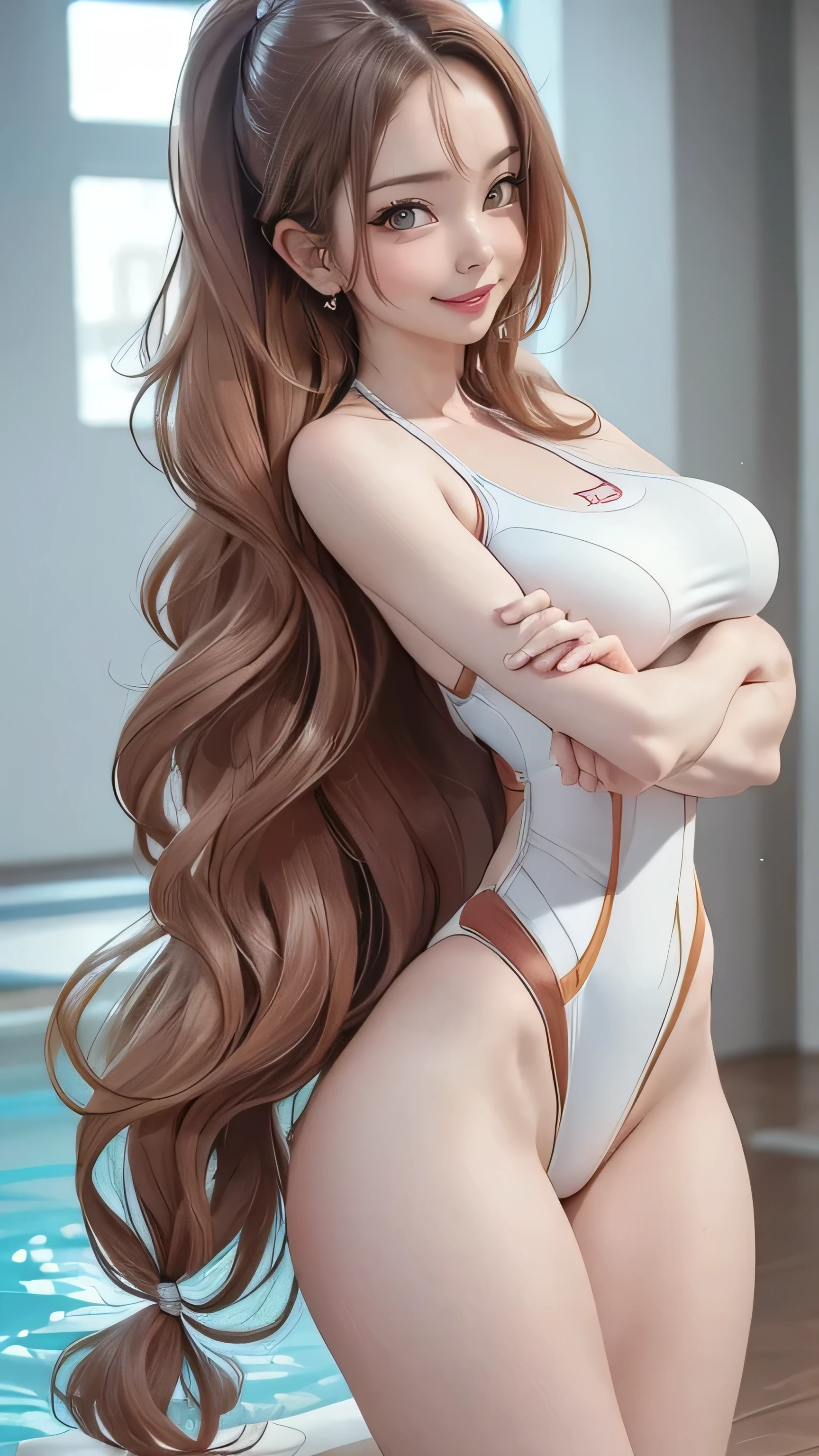 (1girl,(ultra detailed skin),beautiful breasts,large breasts,pale skin,pointy breasts,erect nipples),(Hyperrealist,(8k),ultra-realistic,high detail,high resolution,best quality,masterpiece,Sense of presence,Dynamic,bold),(thin hair:2),(soft hair:2),(straight hair]1.5),Swept long bangs,extra light coppery amber hair,hair over one eye,(clothed:1.5,competition swimsuit:1.5),pool side