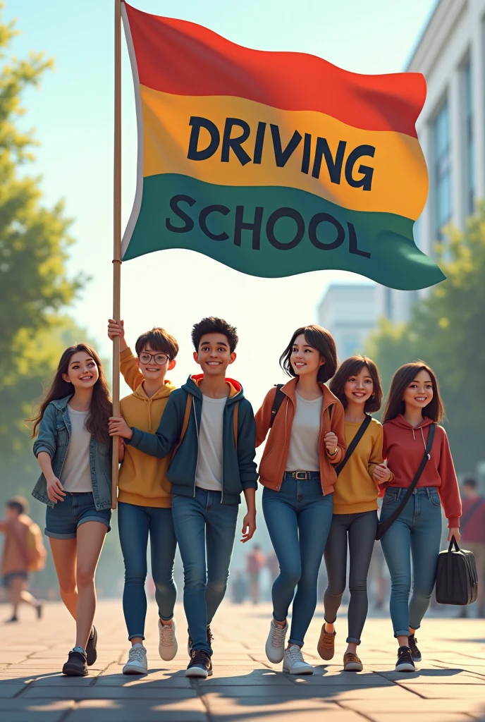 Make a picture of 6 students carrying a flag and a sign behind it says Driving school