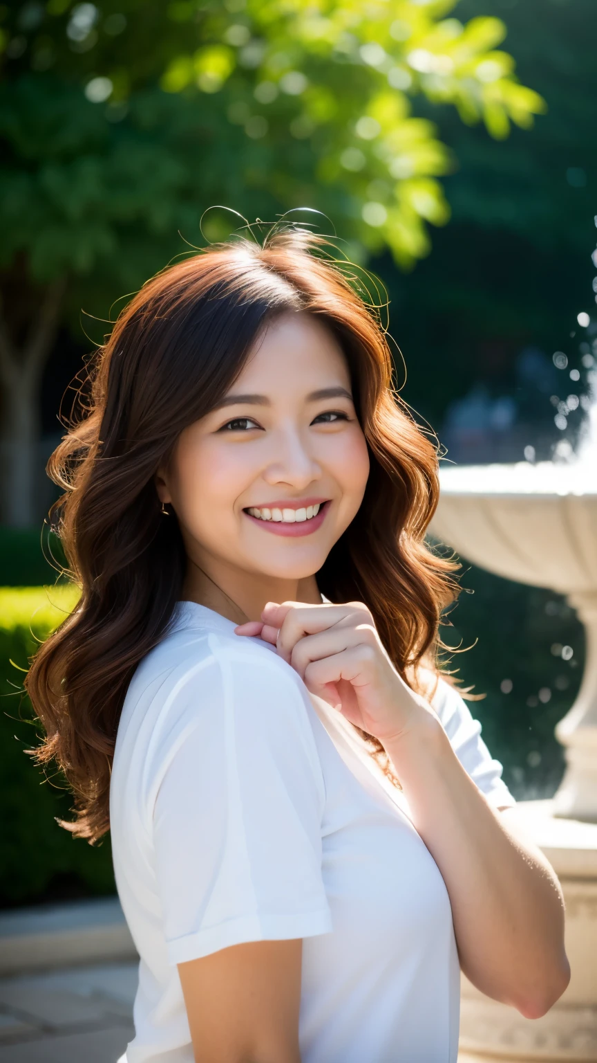 最high quality, In 8K, whole body, Real, Upper Body, high quality, High resolution, Detailed face, Detailed eyes, Thick lips, (Look at the viewers), alone, Middle-aged women, , 60 years old, , Wavy Hair, , Wearing short sleeves, Standing in front of a fountain, Wrinkles around the eyes, Smiling with teeth showing, Background Blur