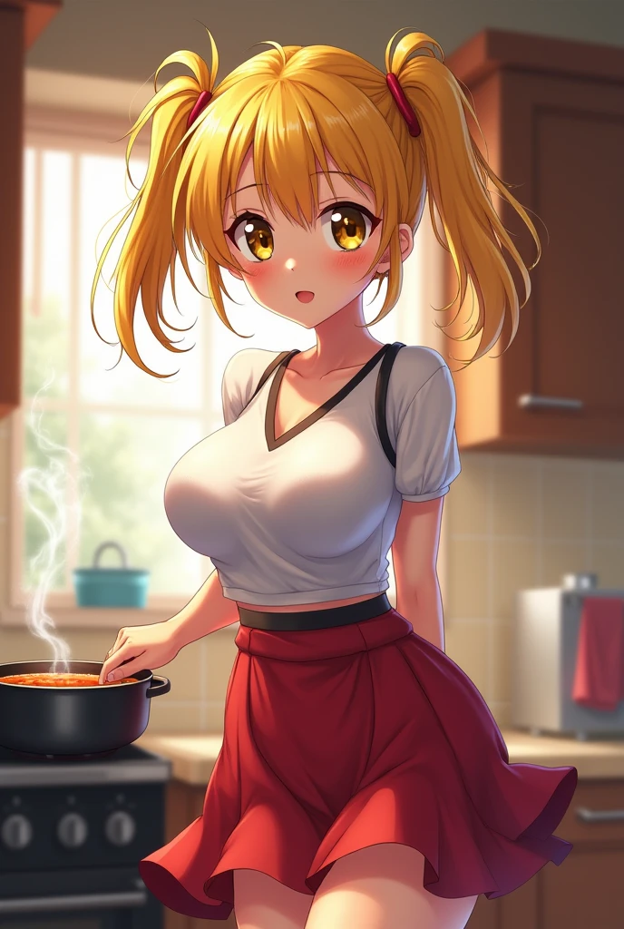 Anime girl with big breasts, yellow hair tied on both sides, curls that touch her shoulders and is wearing a white dress on top and red on the bottom, yellow eyes and is cooking soup with a big butt and big breasts, she is small and has her skirt up and you can see the black thread and she is small