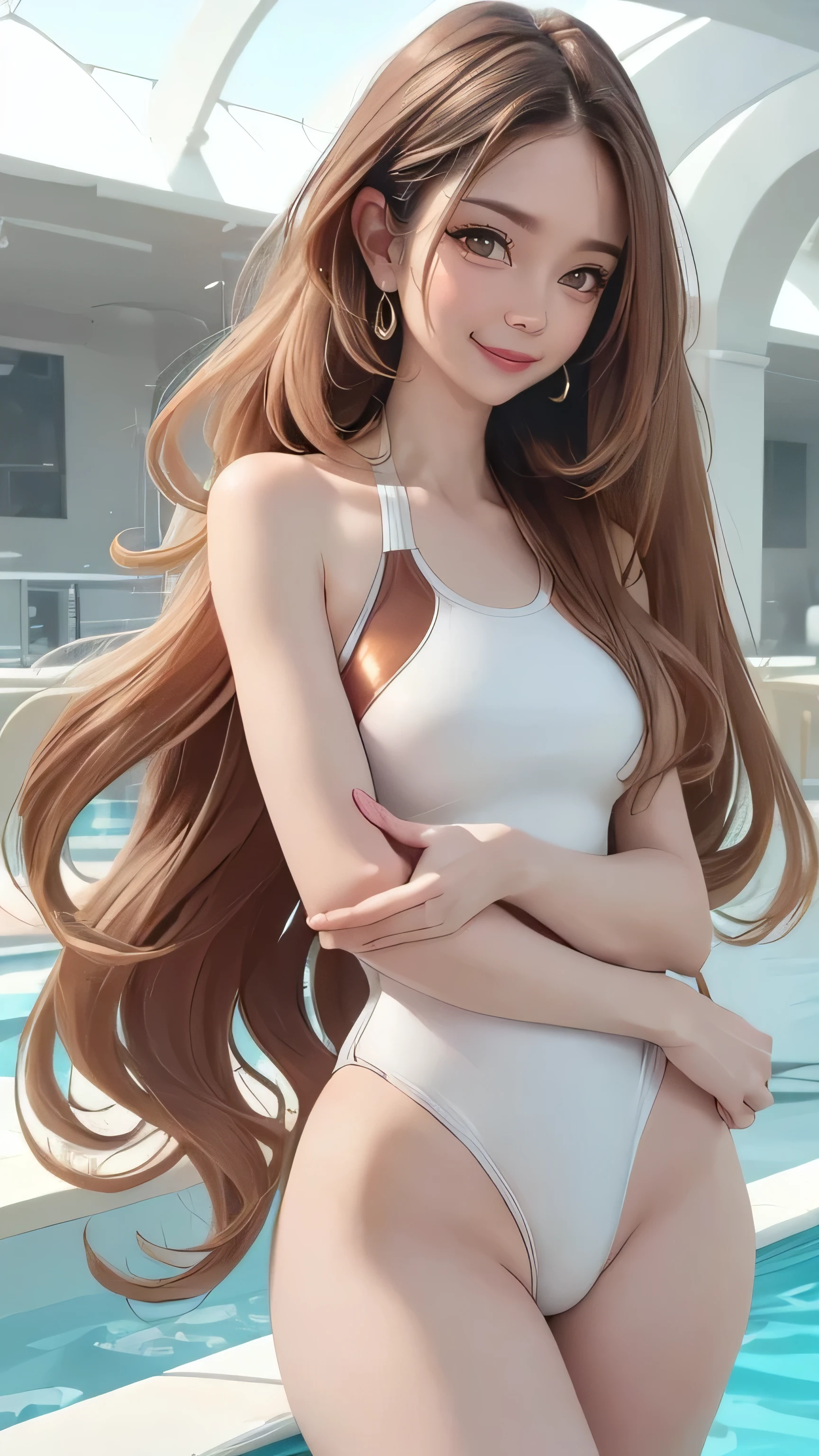 (1girl,(ultra detailed skin),beautiful breasts,large breasts,pale skin,pointy breasts,erect nipples),(Hyperrealist,(8k),ultra-realistic,high detail,high resolution,best quality,masterpiece,Sense of presence,Dynamic,bold),(thin hair:2),(soft hair:2),(straight hair]1.5),Swept long bangs,extra light coppery amber hair,hair over one eye,(clothed:1.5,competition swimsuit:1.5),pool side