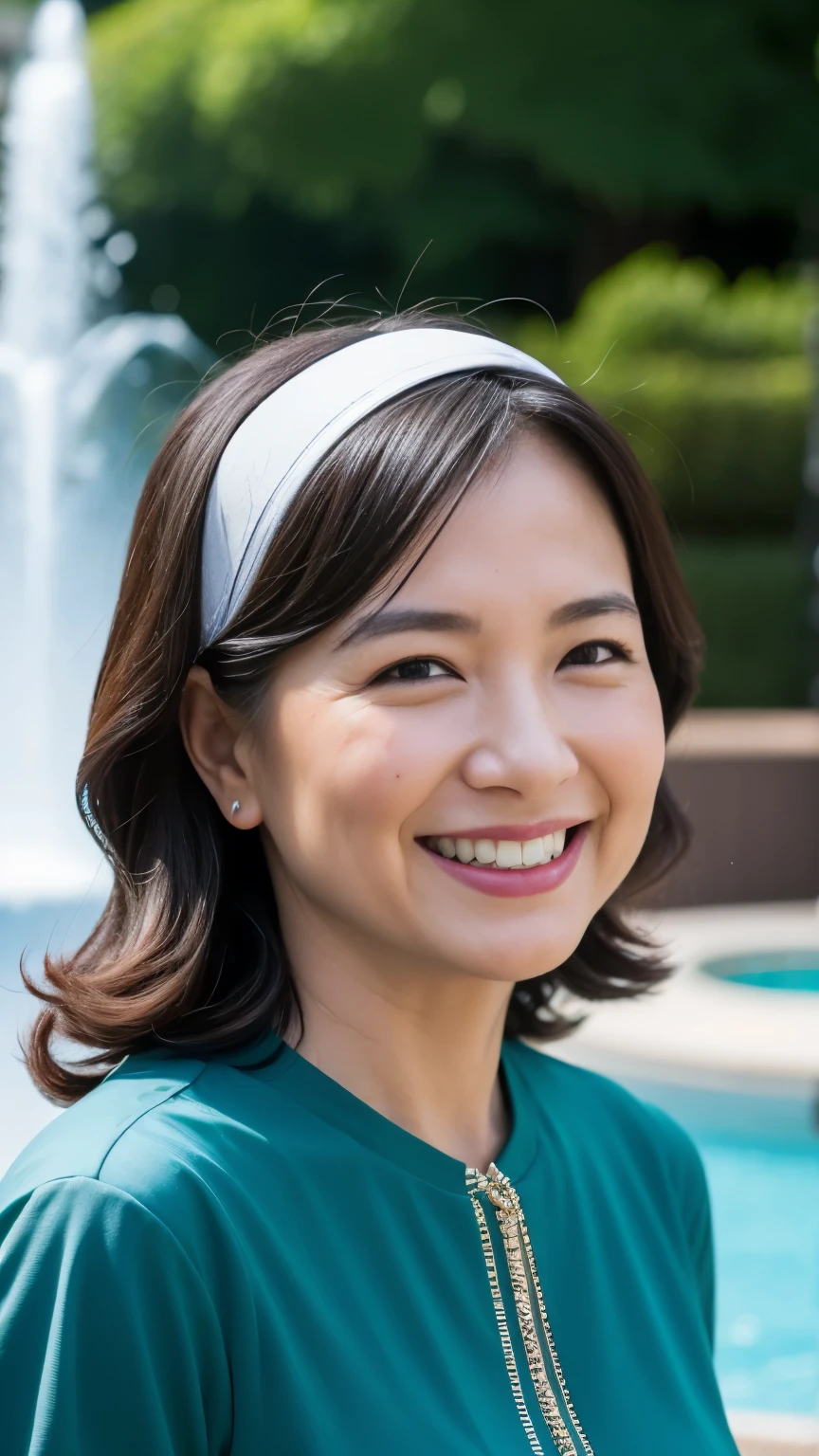 最high quality, In 8K, whole body, Real, Upper Body, high quality, High resolution, Detailed face, Detailed eyes, Thick lips, (Look at the viewers), alone, Middle-aged women, , 60 years old, , Wavy Hair, , Wearing short sleeves, Standing in front of a fountain, Wrinkles around the eyes, Smiling with teeth showing, Background Blur