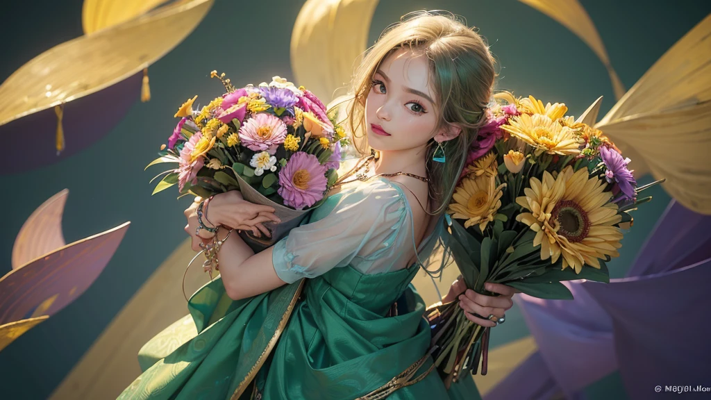 32K, 最高quality, 最高masterpiece, (ultra-Detailed Background, Detailed Background), High resolution, Super detailed, Very detailedな, One girl, (bouquet:1.3), (Tangled:1.2), (Geometric:1.2),(colorful),(masterpiece, quality, best quality, Official Art, Beautiful and beautiful:1.2), (1 girl:1.3), Very detailed,(colorful:1.1)(Flowers:1.3),Most detailed,(Tangled:1.2), whole body, (Abstract background:1.3), (Skin glows), (Many colors:1.4), ,(Earrings Jewelry:1.5), Light green background,