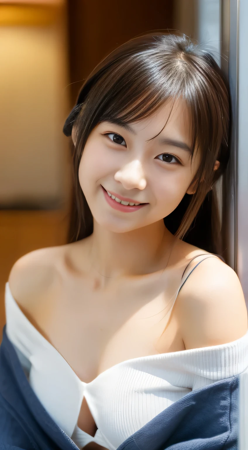 masterpiece,best quality,(Japanese girl),((Beautiful girl)),cleavage,(off shoulder:1.2),(perfect body beauty:1.2),(shy smile),from above