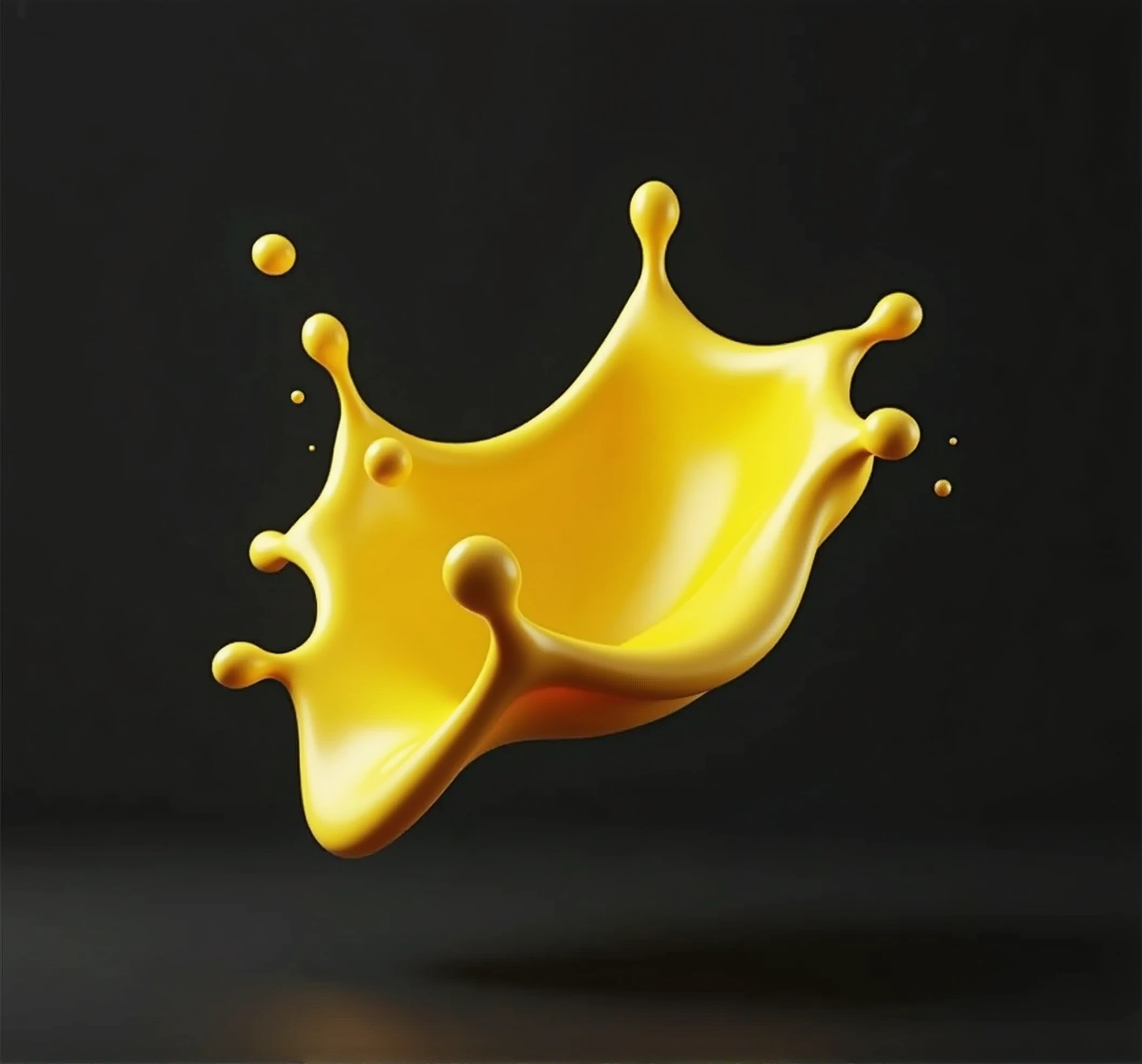 3D rendering of a yellow liquid splash, vibrant and dynamic, suspended in mid-air, perfect for product display or food photography, the liquid forms elegant, fluid shapes with a smooth, glossy texture, isolated against a clean black background, the bright yellow color is eye-catching and exudes freshness, subtle reflections and highlights enhance the depth and realism, capturing the essence of movement and energy, ideal for showcasing products in a modern and stylish way