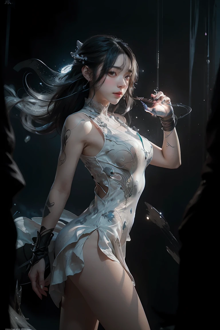 ((masterpiece, best quality)), ultra detailed 8k, photorealistic, sharp focus, highly detailed, professional lighting , shadowmancer, photo of a woman, ink particle, ((swirling black ink floating around)), futuristic fantasy, futuristic white dress, dynamic pose, realistic, masterpiece, intricate details, detailed background, depth of field,