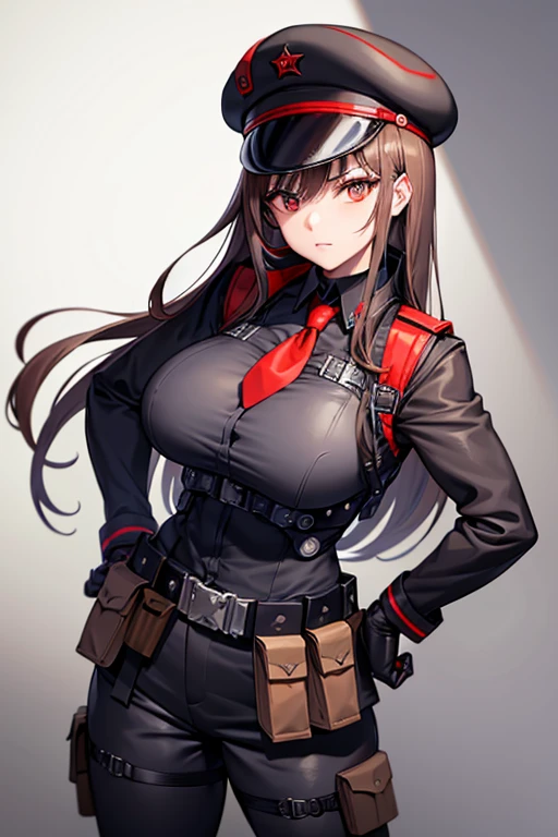 Rapi (NIKKE), Belt Pouches, Brown hair, Black hat, red necktie, (black peaked cap), looking at the viewer, facing the viewer, choker, gloves, necktie, Red gloves, (uniform), (bulletproof vest), utility belt, cargo pants, black pants, Black boots, solo, long hair, (simple white background), cowboy shot, red eyes, huge breasts, (muscular body), long sleeves, hands on hips, closed mouth,