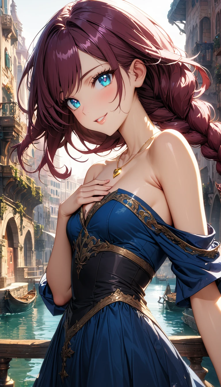 (masterpiece, very aesthetic:1.4), best quality, incredibly absurdres, Accurate, intricate, 8K, stunning, stylized,
ultra-detailed, (incredibly detailed:1.2), simplified details, fine texture,
cinematic, recent, (vibrant:1.2), (clear pictures, clean lines, crisp edges), (soft lighting:1.2),
cowboy shot,
BREAK
1 beautiful girl, 18yo, small face, beautiful detailed face, narrow waist, The beauty and danger of growing from a girl to an adult, A symbol of miraculous beauty, Graceful posture, sensual, bewitching woman, (cleavage:0.8),
(burgundy hair, a long single braid hair:1.4), smooth hair, asymmetrical bangs,
BREAK
(aqua blue eyes), black oblong pupils, (slant eyes, glass-like sparkling eyes are blurry and dreamy, beautiful detailed eyes, growing eyes, long delicate eyelashes, Meticulous Eyelash Details),
BREAK
(navy blue dress, off shoulder, Strapless dress, Sleeveless:1.3), (black corset), (a tiny heart-shaped golden colored ring pendant:1.4),
BREAK
A fantasy world cityscape, sunny afternoon, A city resembling Venice with canals, (Leaning against the railing of a bridge over a large river), Bright lighting, Beautiful world, Blown by the gentle wind, Soft sunlight that induces afternoon drowsiness,
BREAK
gorgeous lips, natural pink lips, beautiful detailed lips, Glossy,
(seductive smile:1.3), (looking side glance), (left hand on own chest:1.2), perfect eyes,