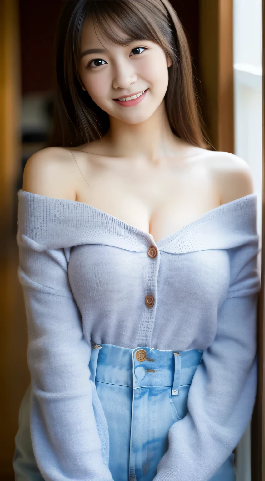 masterpiece,best quality,(Japanese girl),((Beautiful girl)),cleavage,(off shoulder:1.2),(perfect body beauty:1.2),(shy smile),from above