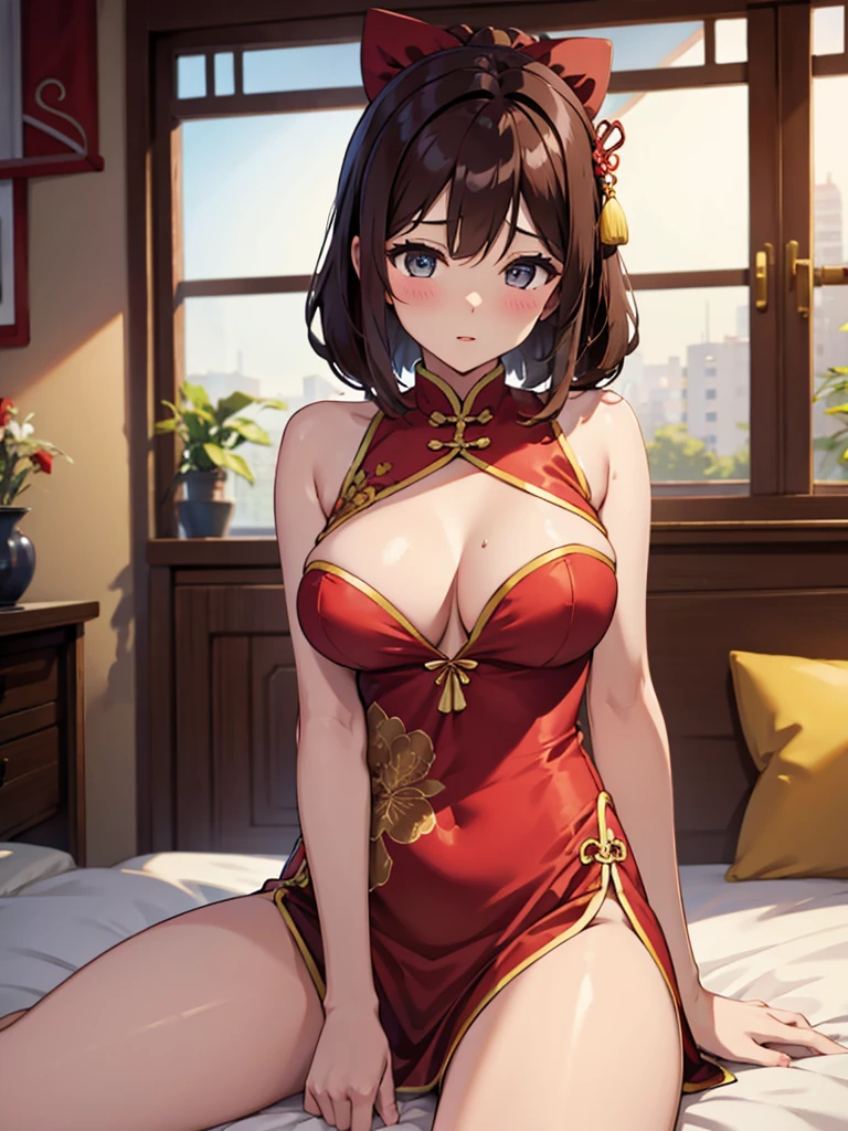 NSFW:1.9. Sex lying on the bed:1.9 Cute Adult female Chinese dress Chinatown Brown hair Clothes Big breasts Exposed Blush