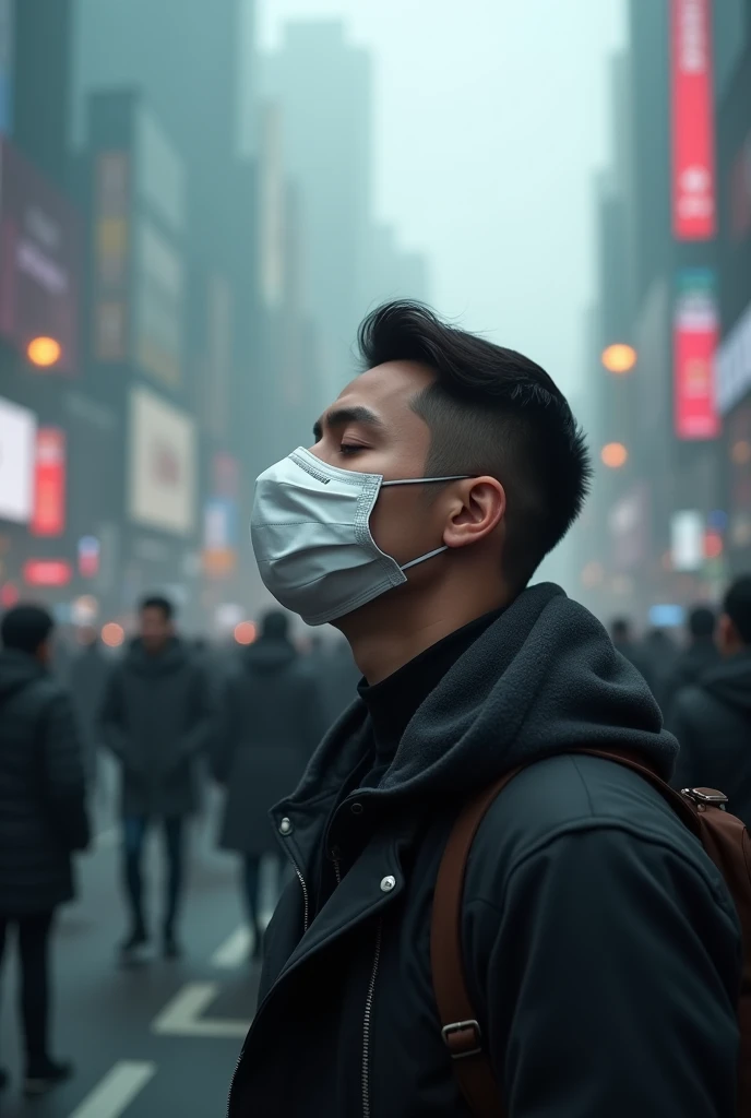 A portrait of a man wearing a face mask with his eyes closed in a crowded place in a big city & foggy 