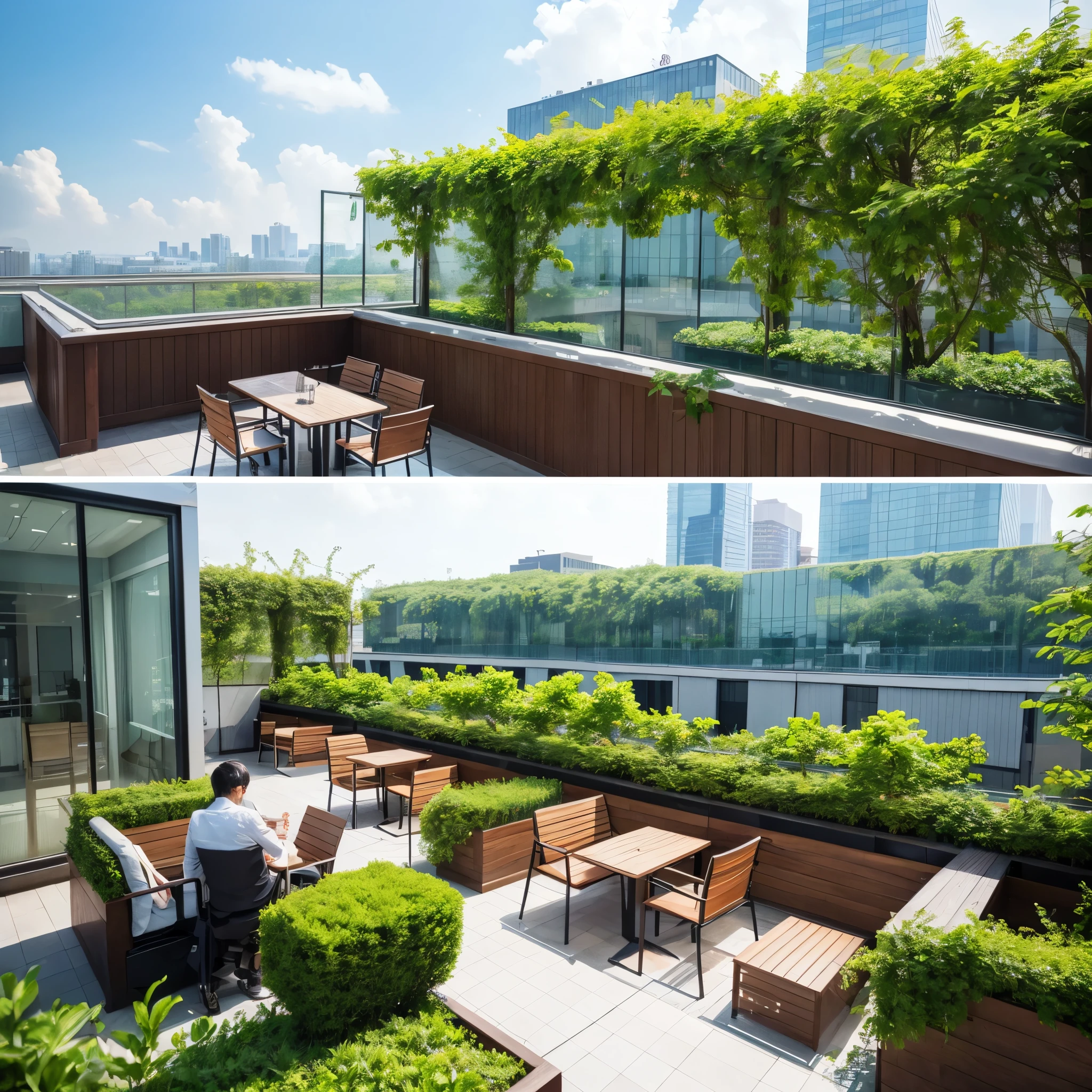 Lunch on a realistic office building's rooftop overflowing with greenery。Realistic。