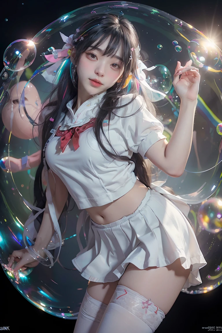 (masterpiece), (best quality), (official art, extremely detailed CG unity 8k wallpaper), (highly detailed), ((absurdres)), 1girl, mid shot, (exquisite facial features),(serafuku:1.3) ((sfw)),((clear hands)), ((white thighhighs without shoes)),aqua eyes, color contact lenses, stars in the eyes, (((colorful bubble))), colourful glass, (album cover)