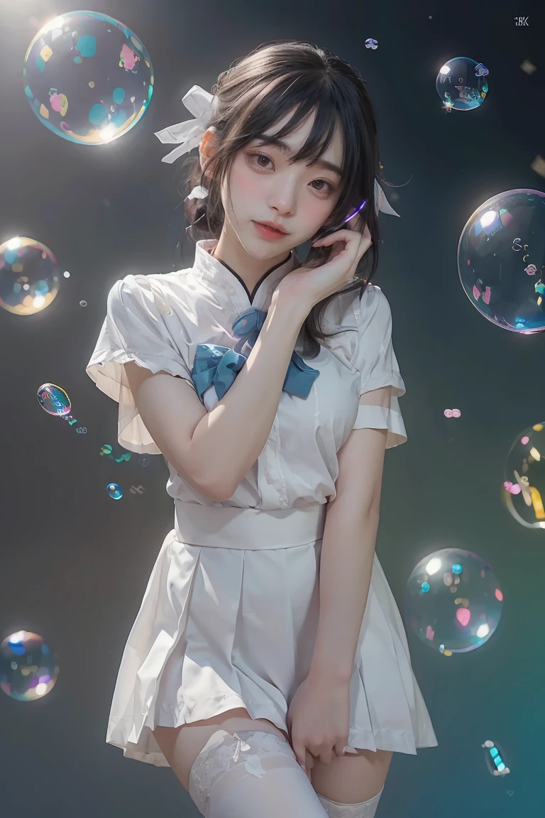 (masterpiece), (best quality), (official art, extremely detailed CG unity 8k wallpaper), (highly detailed), ((absurdres)), 1girl, mid shot, (exquisite facial features),(serafuku:1.3) ((sfw)),((clear hands)), ((white thighhighs without shoes)),aqua eyes, color contact lenses, stars in the eyes, (((colorful bubble))), colourful glass, (album cover)