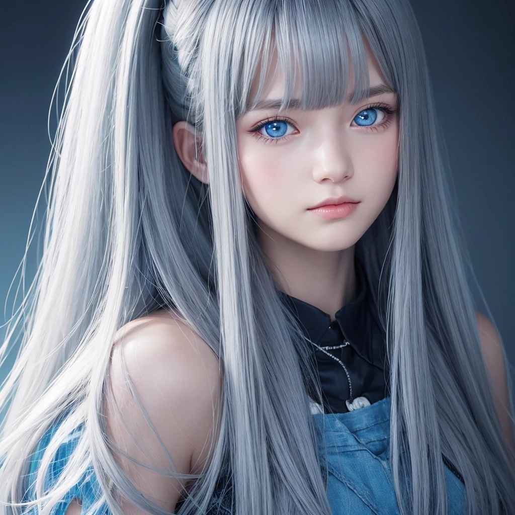 One girl, Long Hair, Bangs between the eyes, Gray Hair, Character portrait, blue eyes, Illustration, 