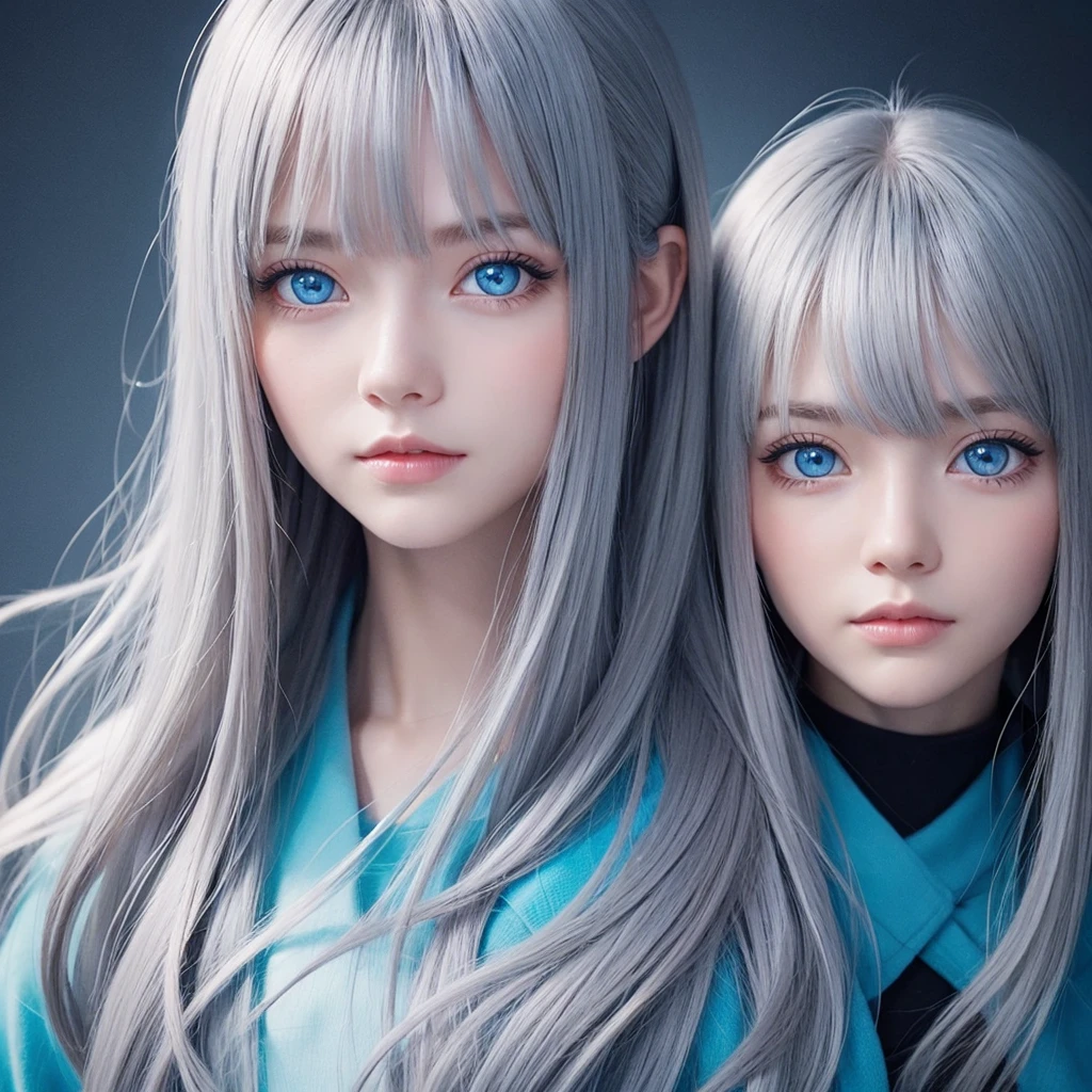 One girl, Long Hair, Bangs between the eyes, Gray Hair, Character portrait, blue eyes, Illustration, 