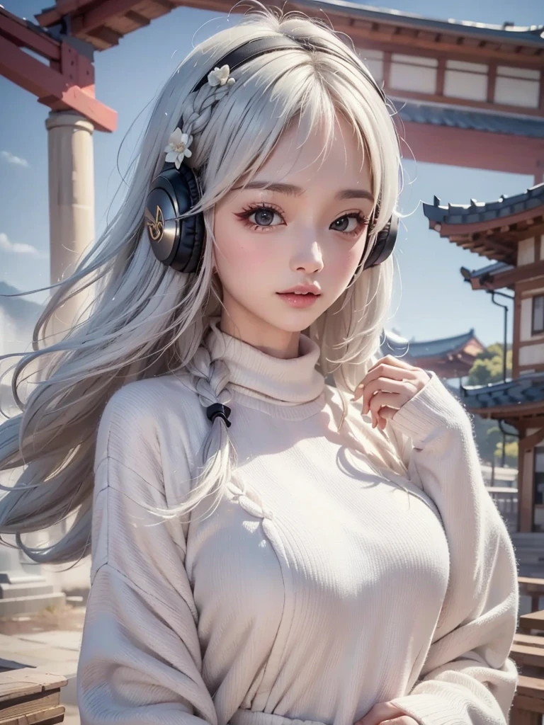 ((cute girl, face, style of painting)).(Upper body portrait:1.5)((masterpiece:1.5))((alone、Huge headphones:1.5、A woman wearing a large duffle coat、Shorts、コートでShortsが隠れる、Put your hands in your pockets、Detailed face、Big Eyes、Bright expression、Big beautiful breasts、Best Looks、Ultimate beauty、Shiny silver hair with highlights、明るい and shiny hair,、Modern Hairstyles、Hair dancing in the wind))(morning、Countryside Winter、Abandoned station platform)Please look away from here、Beautiful profile
