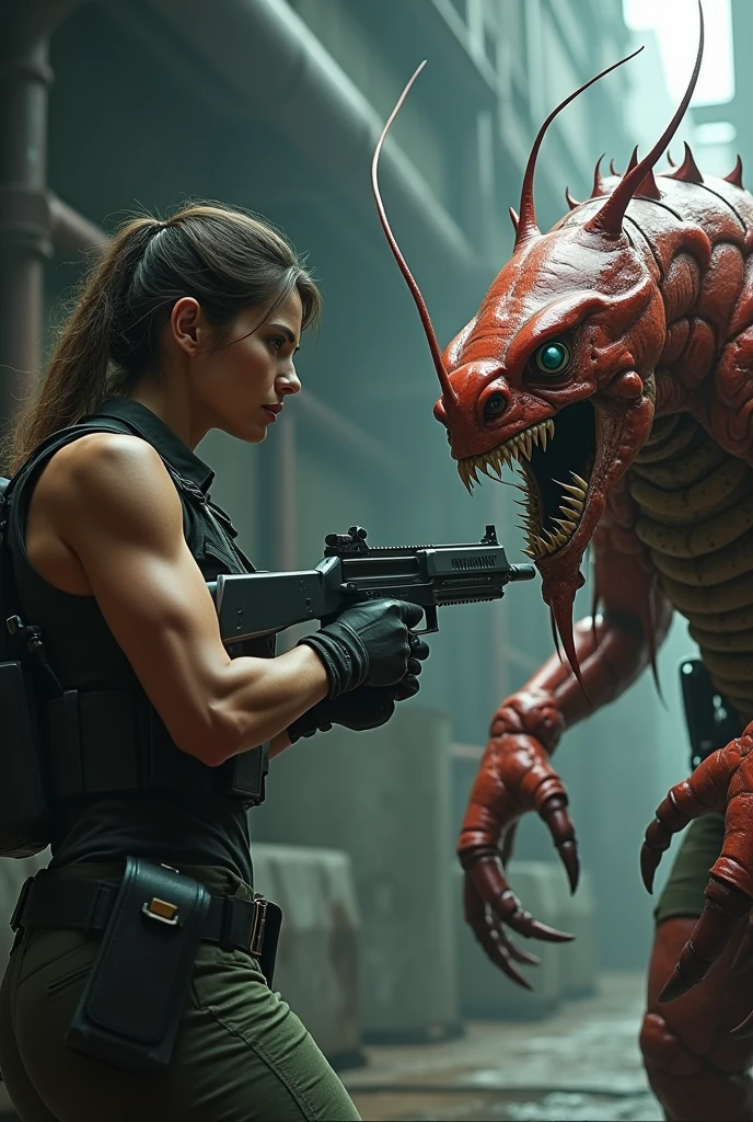 A woman with a gun fighting a prawn