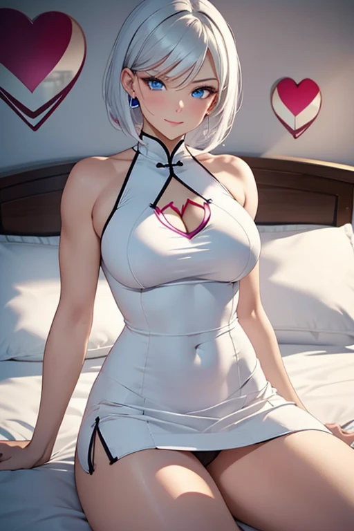 solo, A beautiful evil lady assassin, silver short hair, blue eyes, gazing condescendingly at the viewer with a scornful grinning expression, (((heart marks are floating in the background, kiss, blow a kiss to the viewer))), (Lying on the bed), ((seduction, seductive attack, temptation, temptation attack)), (opening your legs), (not showing your skin), extremely detailed , masterpiece quality, ultra-detailed, HDR, vivid colors, physically-based rendering, thick muscular thighs, beautiful muscular thighs, attractive buttocks, very strong wrestler, High resolution, masterpiece, accurate, Anatomically correct, Winner of numerous awards, best quality, detail, high detail, high quality, quality, Retina, Very detailed, Textured skin, Ultra high definition, (wearing white suit, wearing a tight Chinese dress, wearing a skirt, wearing a tight dress, wearing sexy panties), you won,