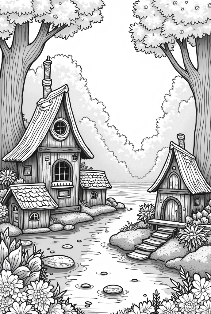 Fairy house coloring book pages nature background black and white high details illustration
