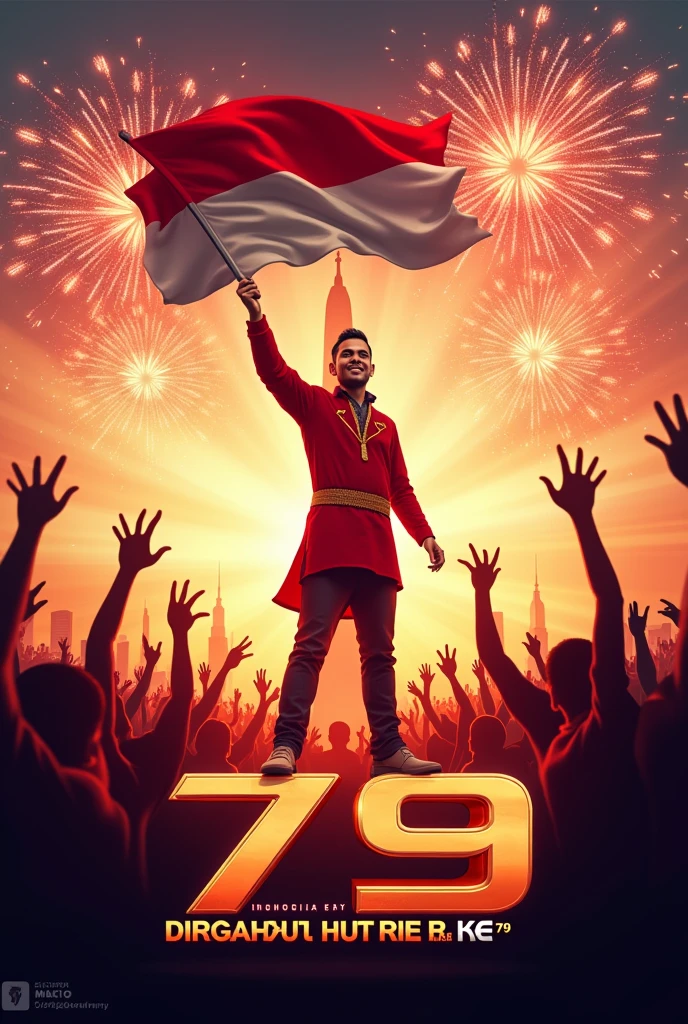 "Create a vibrant and dynamic poster featuring a proud, Indonesian man celebrating the 79th Indonesian Independence Day (DIRGAHAYU HUT RI KE 79). The man is standing confidently, holding a large Indonesian flag in one hand, waving it with energy. He is wearing a traditional red and white outfit that symbolizes Indonesia’s national colors. The background is filled with fireworks, the iconic Monas (National Monument) of Jakarta, and cheering crowds, all bathed in the warm glow of a sunset. The number '79' is prominently displayed in bold, futuristic text with 'DIRGAHAYU HUT RI KE 79' written underneath in an elegant, modern font."
