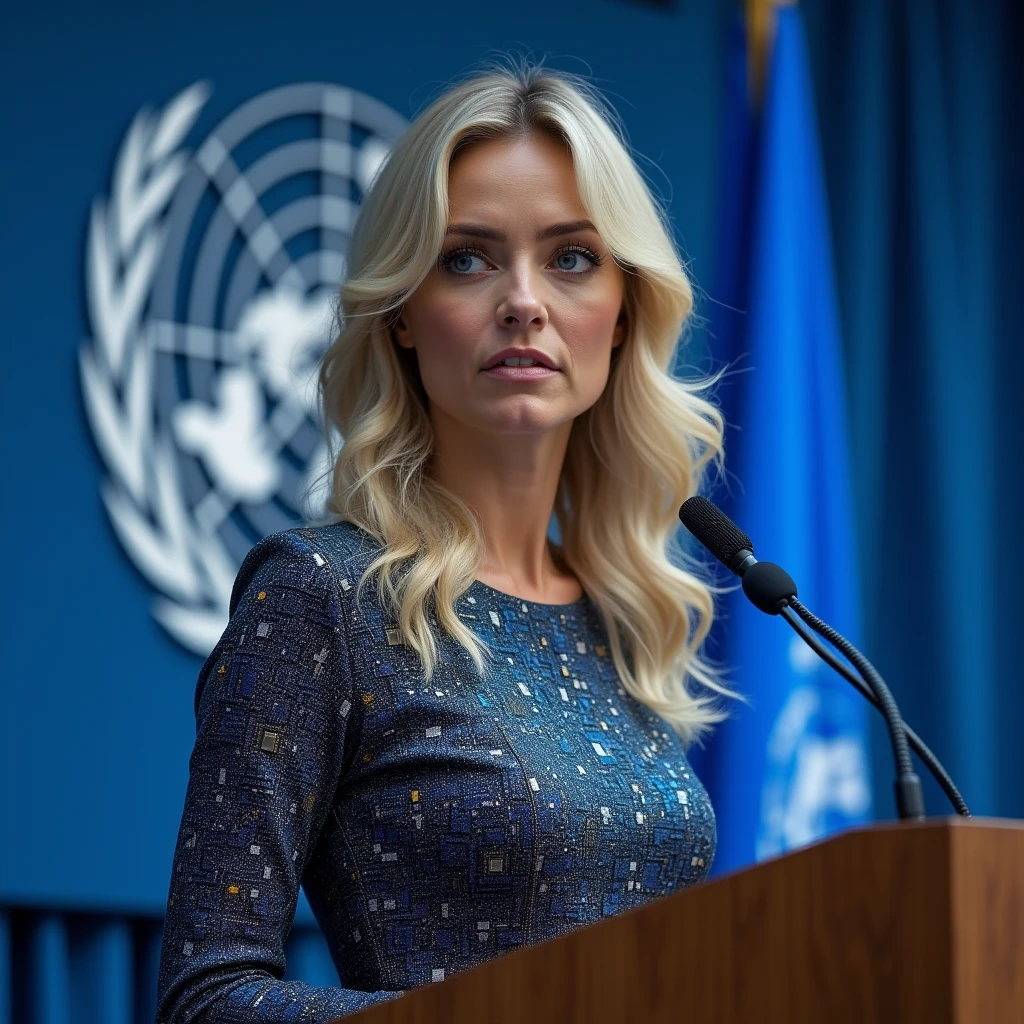 Standing and making a speech at the United Nations, in front of the lectern with a microphone, under the UN flag, a woman 30 years old white woman she has wavy hair, she has blond hair, blue eyes, slim face and nose, slim, wearing a dress with glittering integrated circuits and electronic components, intense gazing eyes, ultra-resolution, intricately detailed, high shot, from face.