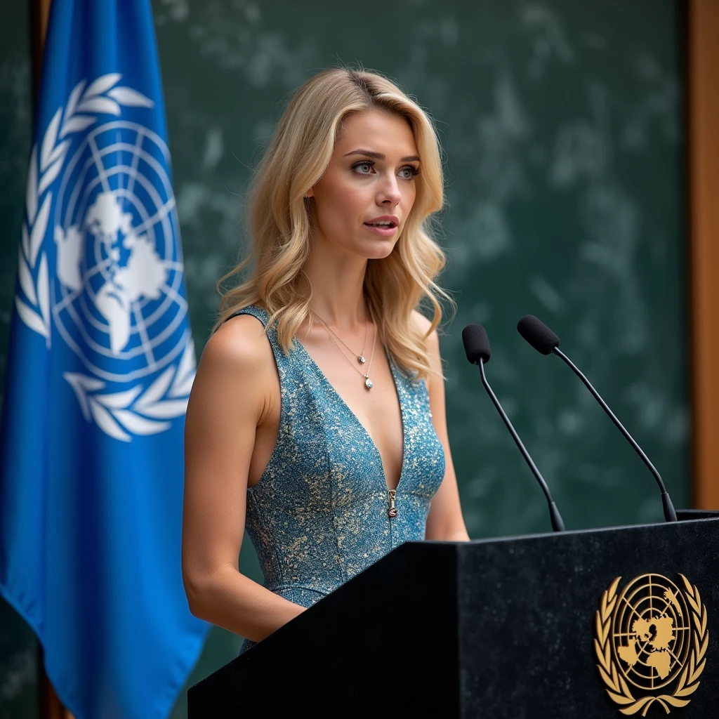 Standing and making a speech at the United Nations, in front of the lectern with a microphone, under the UN flag, a woman 30 years old white woman she has wavy hair, she has blond hair, blue eyes, slim face and nose, slim, wearing a dress with glittering integrated circuits and electronic components, intense gazing eyes, ultra-resolution, intricately detailed, high shot, from face.