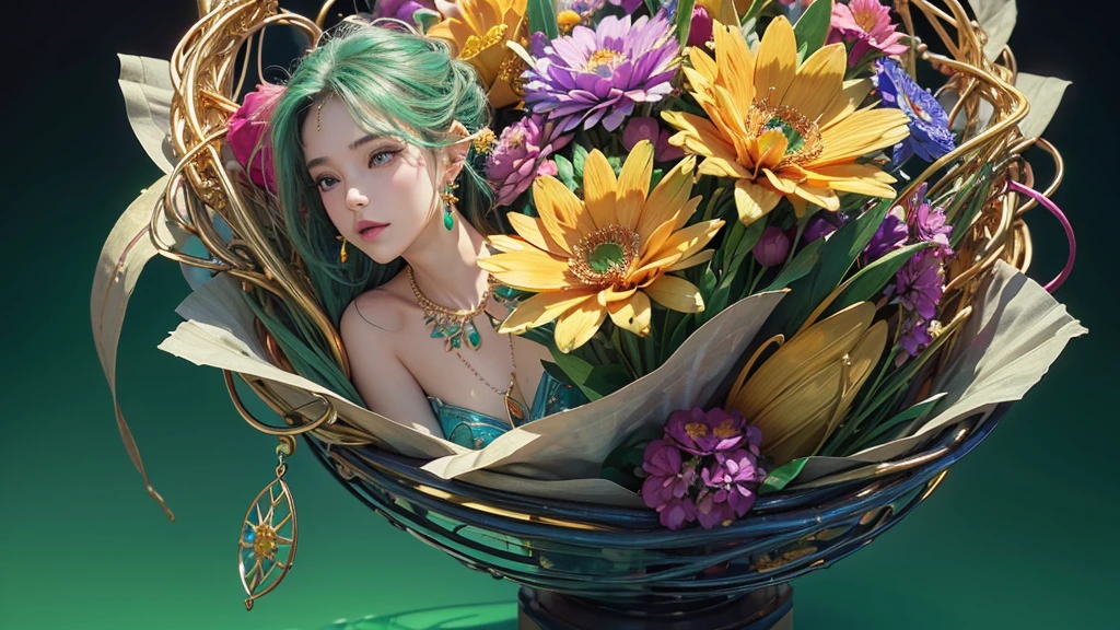 32K, 最高quality, 最高masterpiece, (ultra-Detailed Background, Detailed Background), High resolution, Super detailed, Very detailedな, One girl, (bouquet:1.3), (Tangled:1.2), (Geometric:1.2),(colorful),(masterpiece, quality, best quality, Official Art, Beautiful and beautiful:1.2), (1 girl:1.3), Very detailed,(colorful:1.1)(Flowers:1.3),Most detailed,(Tangled:1.2), whole body, (Abstract background:1.3), (Skin glows), (Many colors:1.4), ,(Earrings Jewelry:1.5), Light green background,
