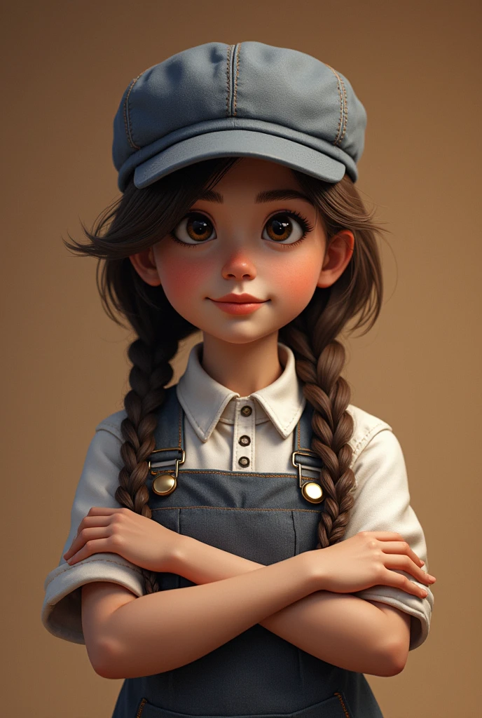 hands cross, A cap-glossed cap is worn on his head,Girl with twisted braids,8k,Fine depiction of appearance,Very perfect figure,