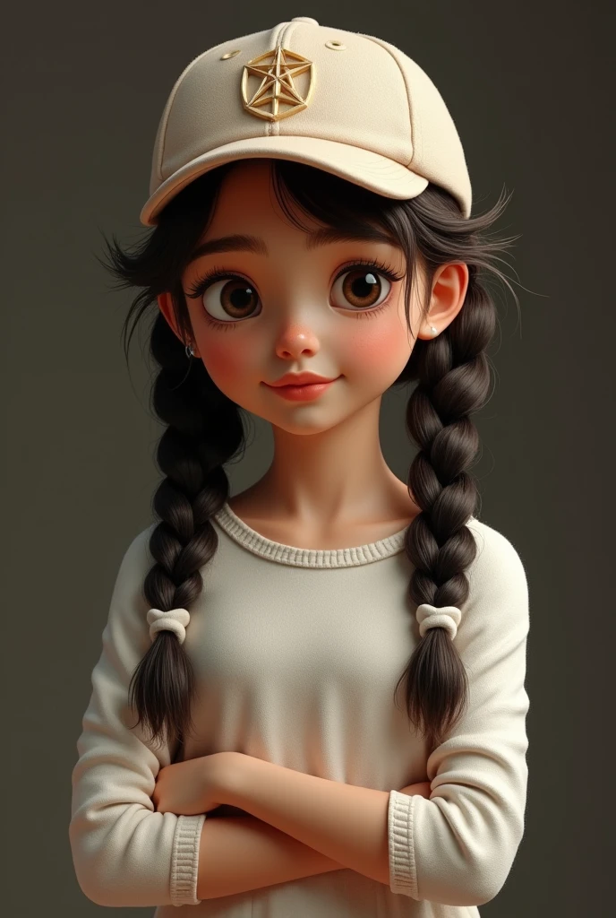 hands cross, A cap-glossed cap is worn on his head，Girl with twisted braids，8k，Fine depiction of appearance，Very perfect figure, 