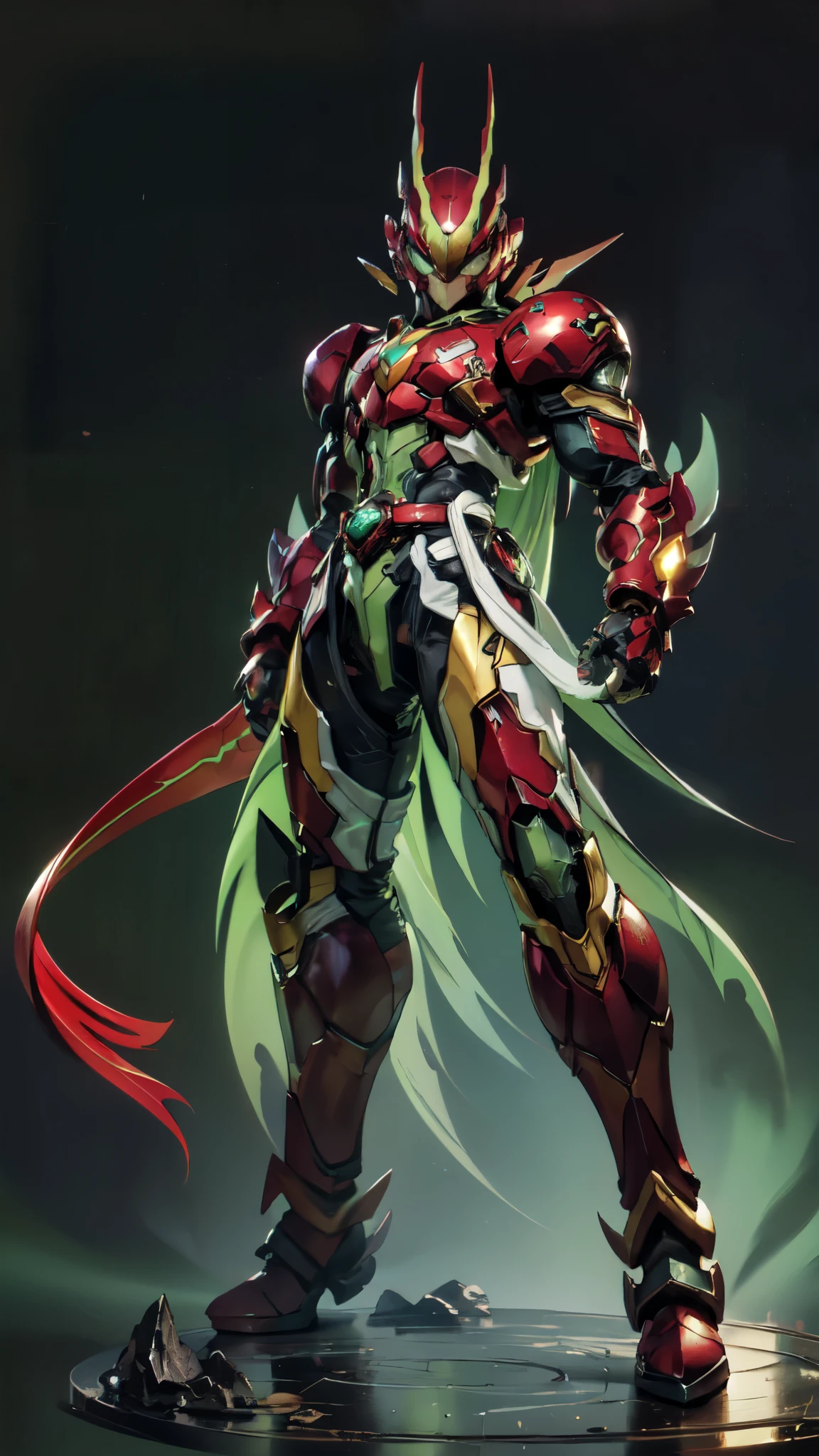 (masterpiece:1.5, best quality:1.5, extremely delicate:1.5, superhero pose:1.5), a man wearing a full-face helmet, a fantasy-style biotech armored combat suit, green eyes, (a composite layered chest armor), fully enclosed shoulder guards, matching arm and leg guards, belt of Neon circuit, (the color scheme is primarily black with green and red accents), the design balances heavy with agility, a high-tech bio-mecha armor, (Armor Concept Inspired by Samurai, stand on the top of a skyscraper in a futuristic sci-fi city), this character embodies a finely crafted fantasy-surreal style armored hero in anime style, exquisite and mature manga art style, (element, plasma, energy, the armor glows), ((male:1.5)), metallic, high definition, highres, ultra-detailed, ultra-fine painting, professional, perfect body proportions, golden ratio, anatomically correct, symmetrical face, extremely detailed eyes and face, high quality eyes, creativity, RAW photo, UHD, 32k, Natural light, cinematic lighting, masterpiece-anatomy-perfect