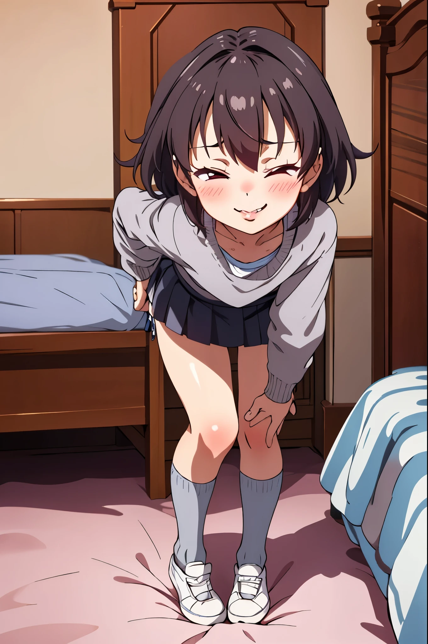 One Girl,(small),Knee socks,shoes, (Half-closed eyes), Fascinating face, Lips parted, nose blush, blush, alone, In the bedroom, Are standing, Seduce your sexy waist (panties), (In underwear),((small胸)),Leaning forward