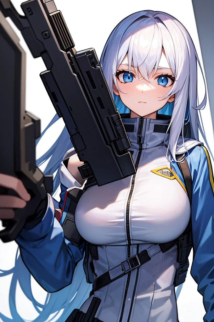 girl with white long hair and blue eyes, cyberpunk outfit, Staring upwards, white background, 8k resolution, high quality, holding a gun